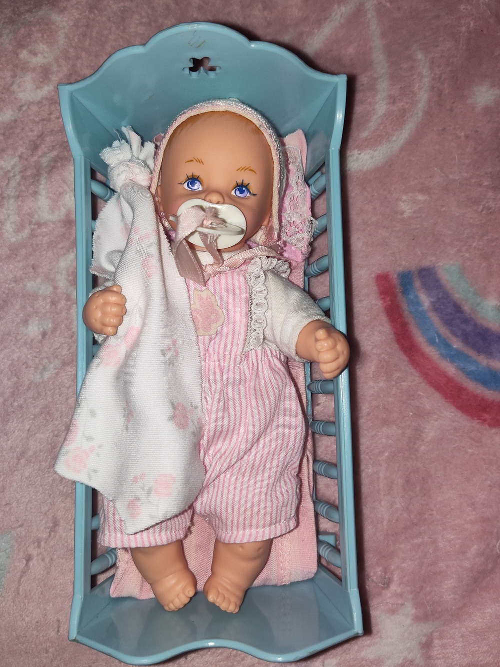 Vintage 1988 Baby Doll with Pacifier and Blanket - Pink Outfit, Blue Cradle